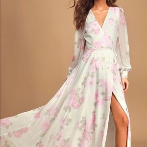 White floral print long sleeve wrap dress